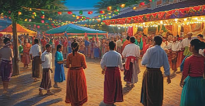 A lively cultural festival with diverse people enjoying traditional music and dance, colorful decorations, and food stalls.