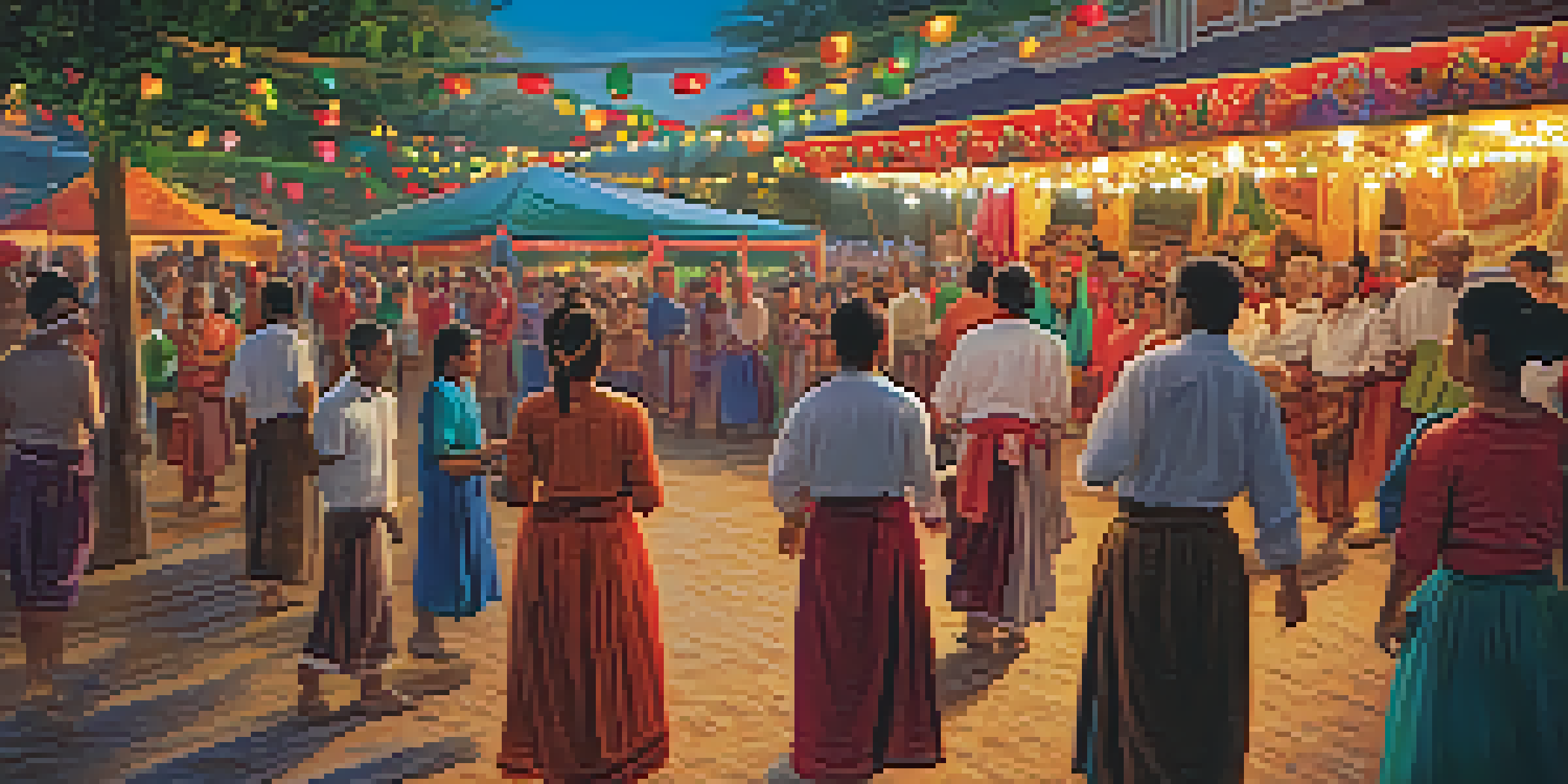 A lively cultural festival with diverse people enjoying traditional music and dance, colorful decorations, and food stalls.