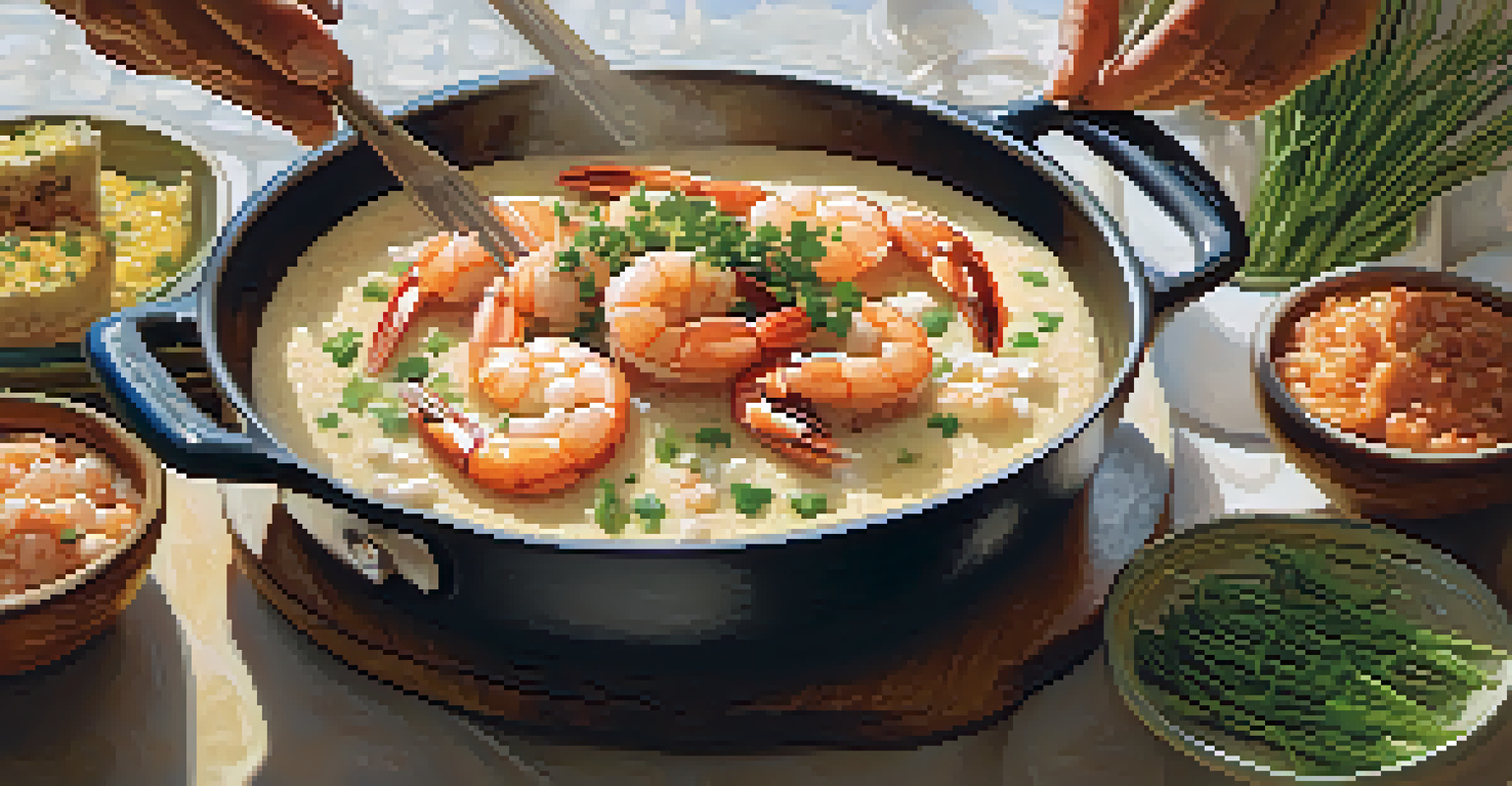 A chef's hands seasoning shrimp and grits in a bright kitchen, showcasing the creamy texture and vibrant spices.