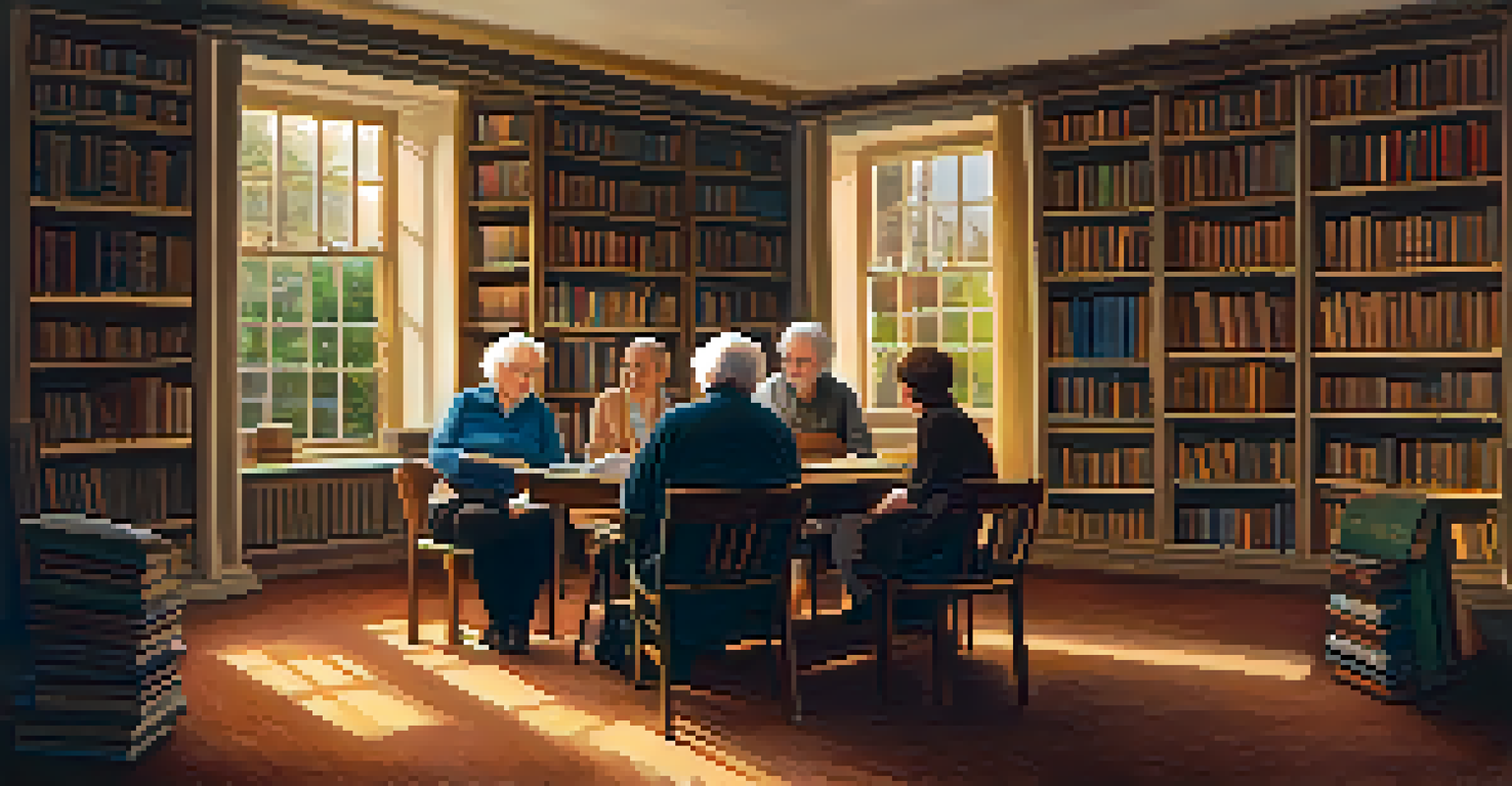 An elderly person telling stories to young listeners in a cozy library, surrounded by books and warm lighting.