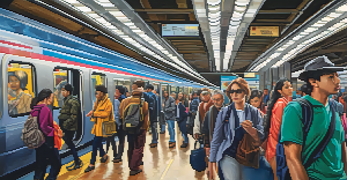 A bustling subway station with diverse people, bright lights, and colorful advertisements.