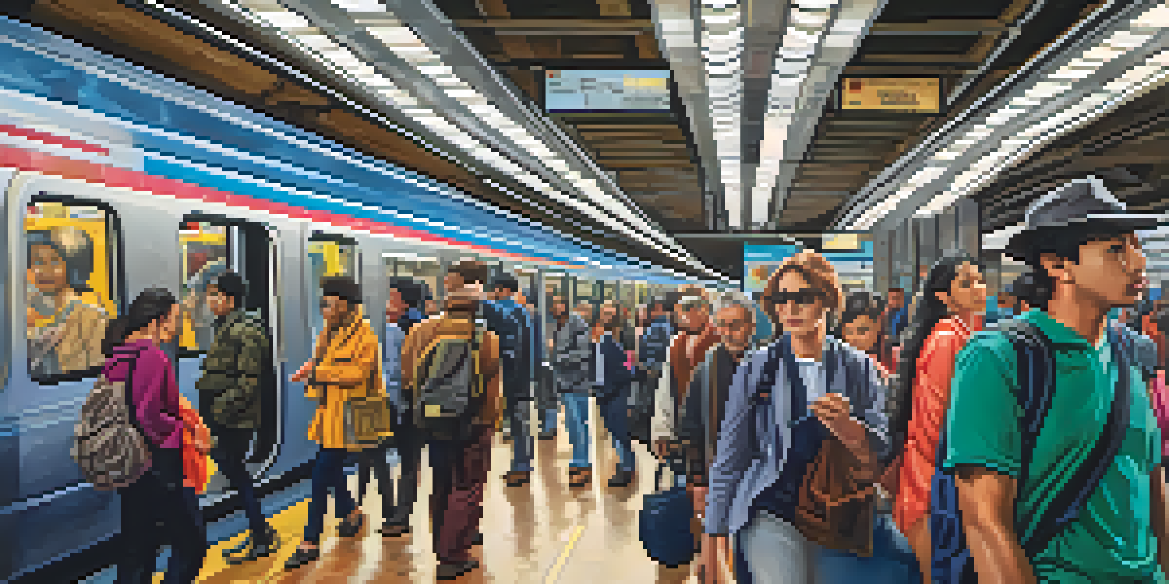 A bustling subway station with diverse people, bright lights, and colorful advertisements.