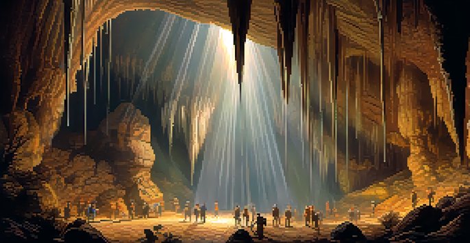 A large cave chamber inside Mammoth Cave with stalactites and stalagmites, illuminated by warm lighting, and spelunkers exploring the area.