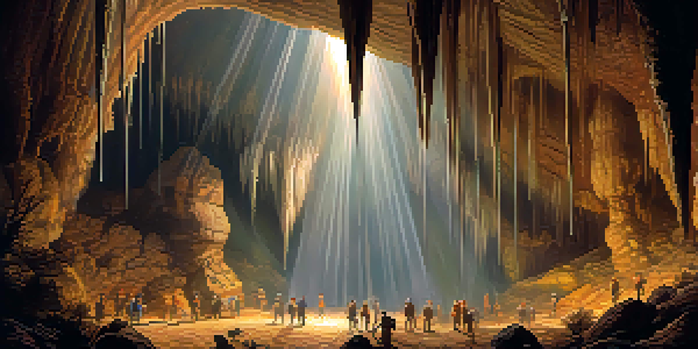 A large cave chamber inside Mammoth Cave with stalactites and stalagmites, illuminated by warm lighting, and spelunkers exploring the area.