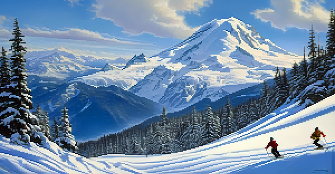 A winter landscape at Mount Baker with skiers enjoying the powdery slopes and the Cascade Mountains in the background.