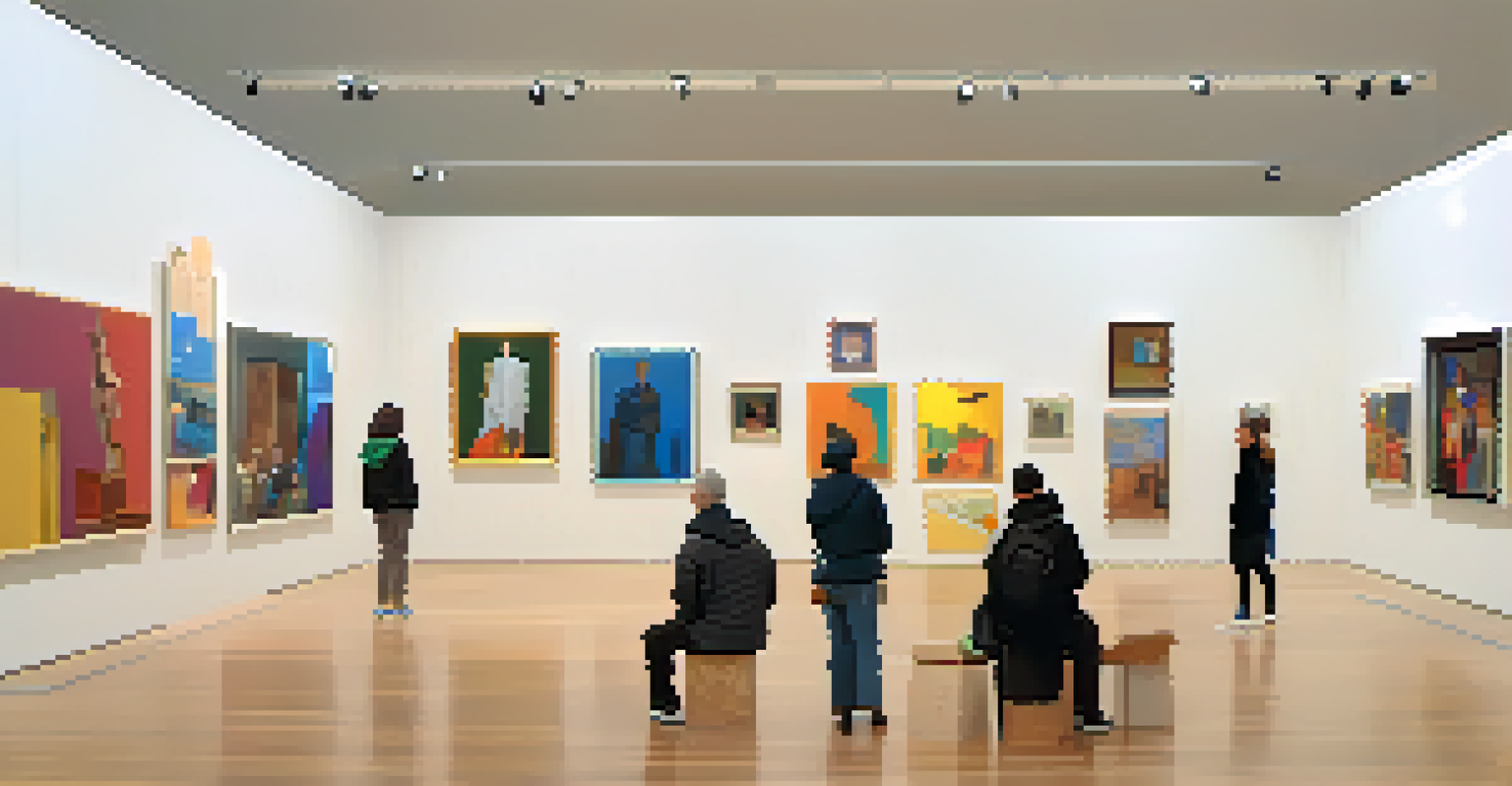 An interior view of a modern art museum with diverse artworks on display, and visitors interacting and discussing in a bright gallery space.
