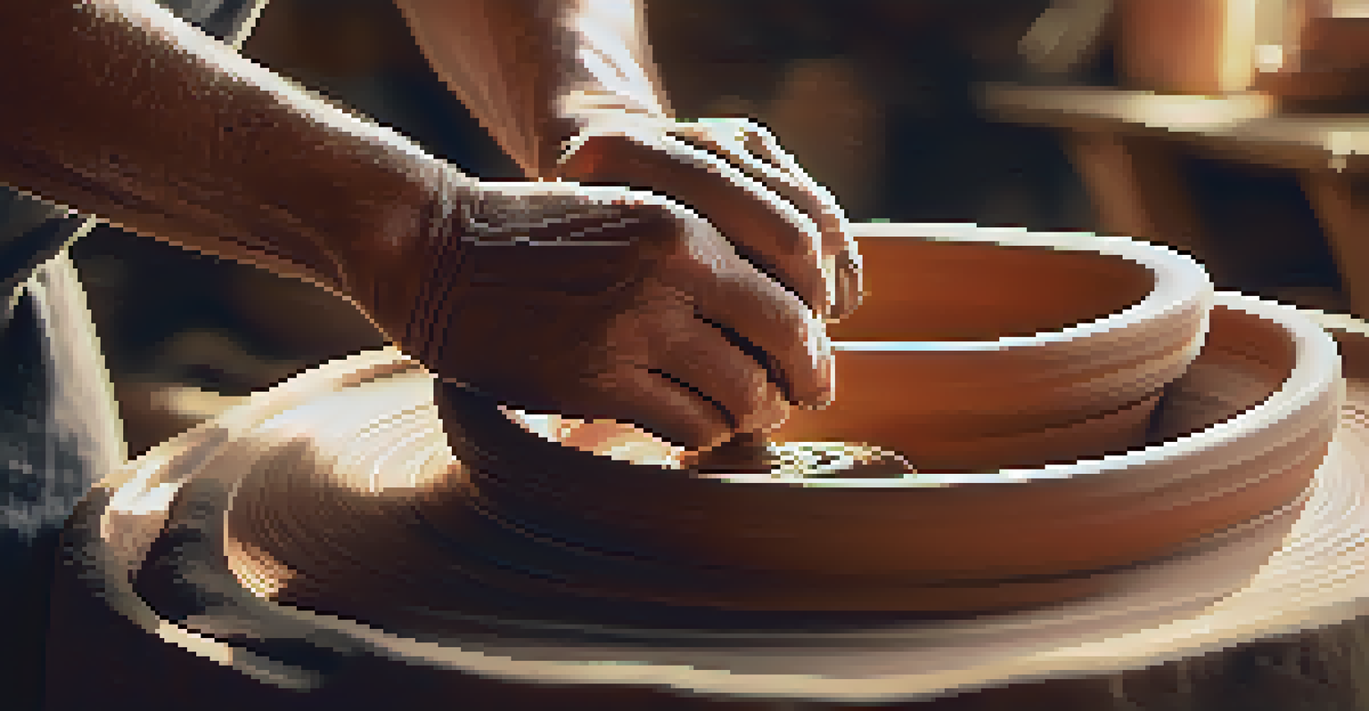 An artisan's hands shaping clay on a pottery wheel in a rustic workshop, showcasing craftsmanship and tradition.