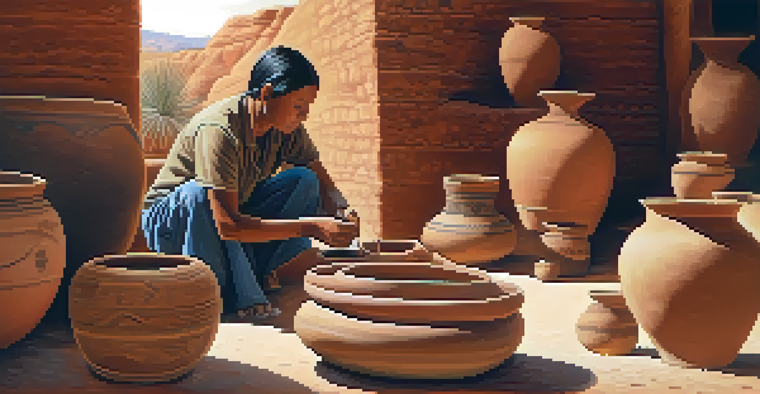 A Hopi potter working on pottery in a natural desert setting.