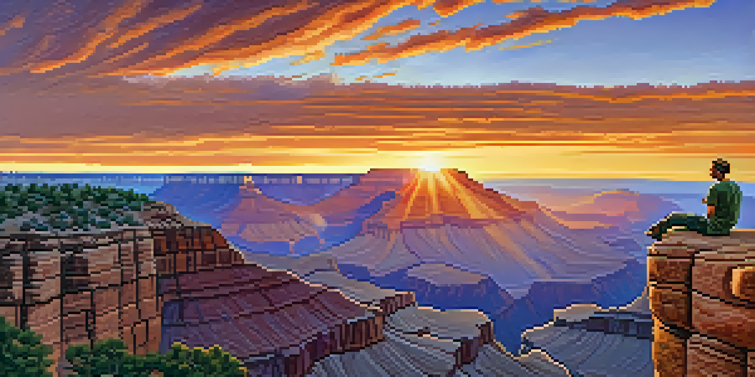 A person standing on a rocky ledge overlooking the Grand Canyon at sunset, with colorful sky and illuminated rock formations.