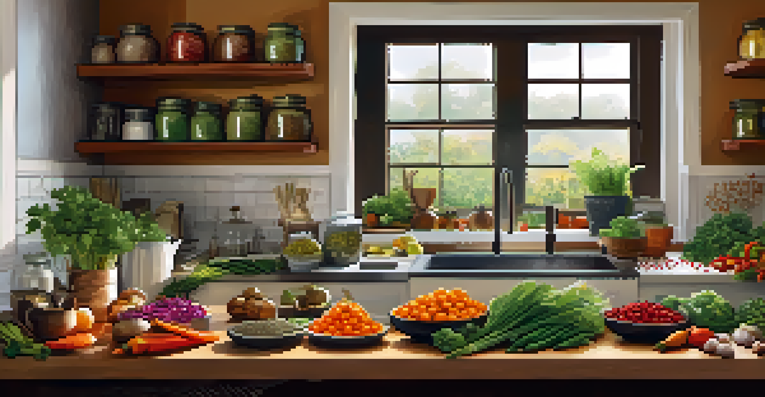 A kitchen countertop filled with fresh, colorful produce and spices, with an open cookbook nearby, bathed in soft natural light.