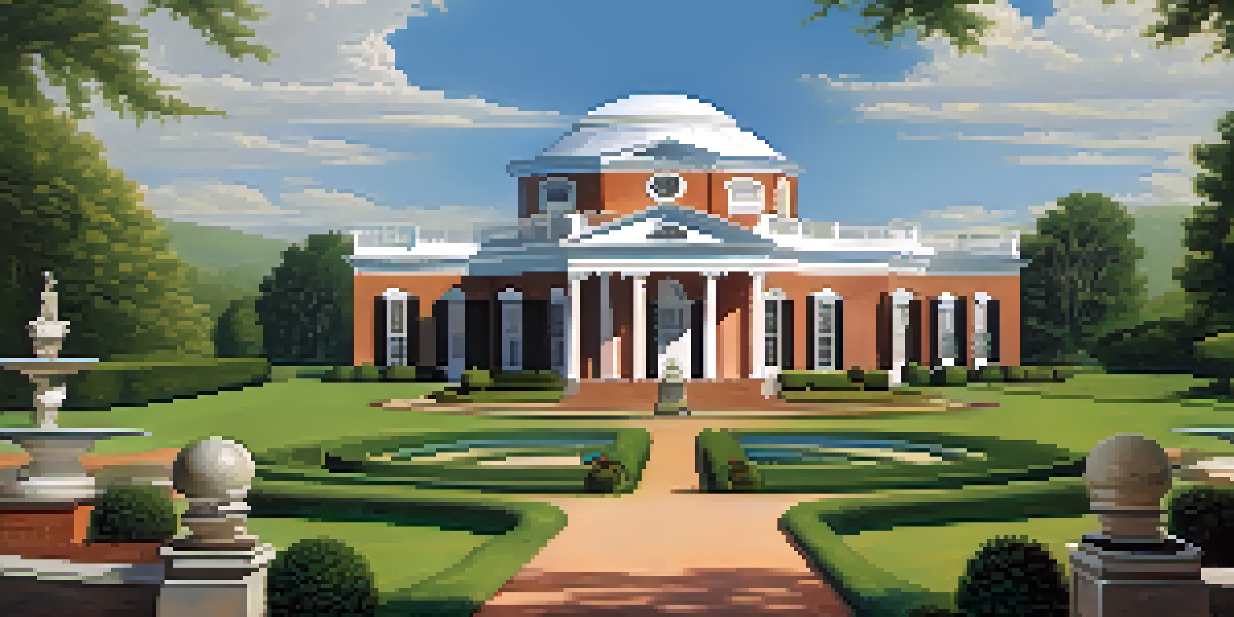 A panoramic view of Monticello with its grand neoclassical architecture, surrounded by gardens and hills under a blue sky.