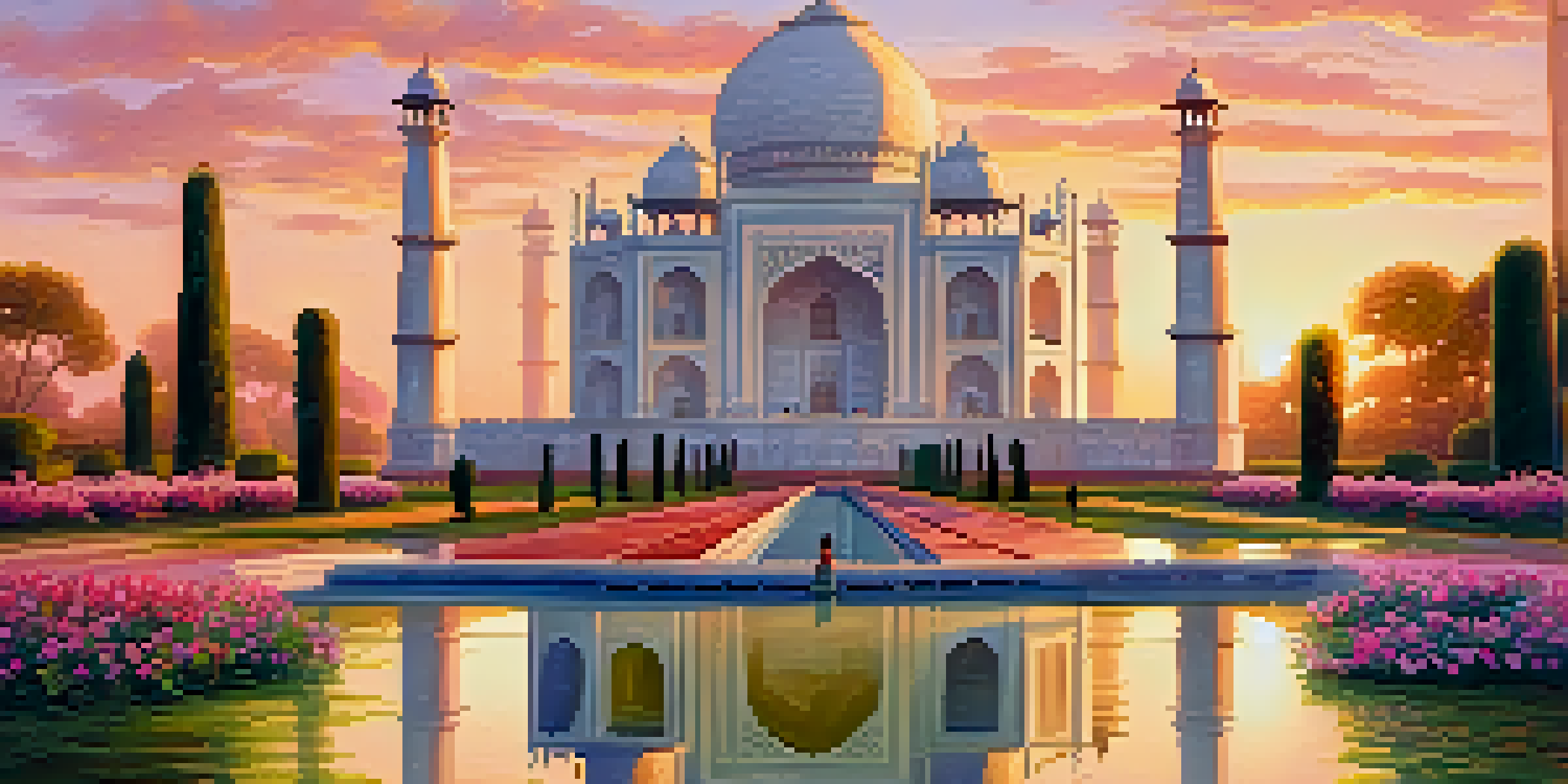 A view of the Taj Mahal at sunrise, with its reflection in a pool and surrounded by gardens.