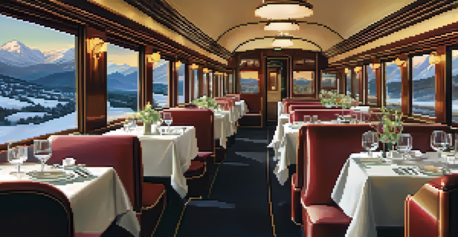 A dining car in a train with panoramic windows, showcasing snow-capped mountains and passengers dining.