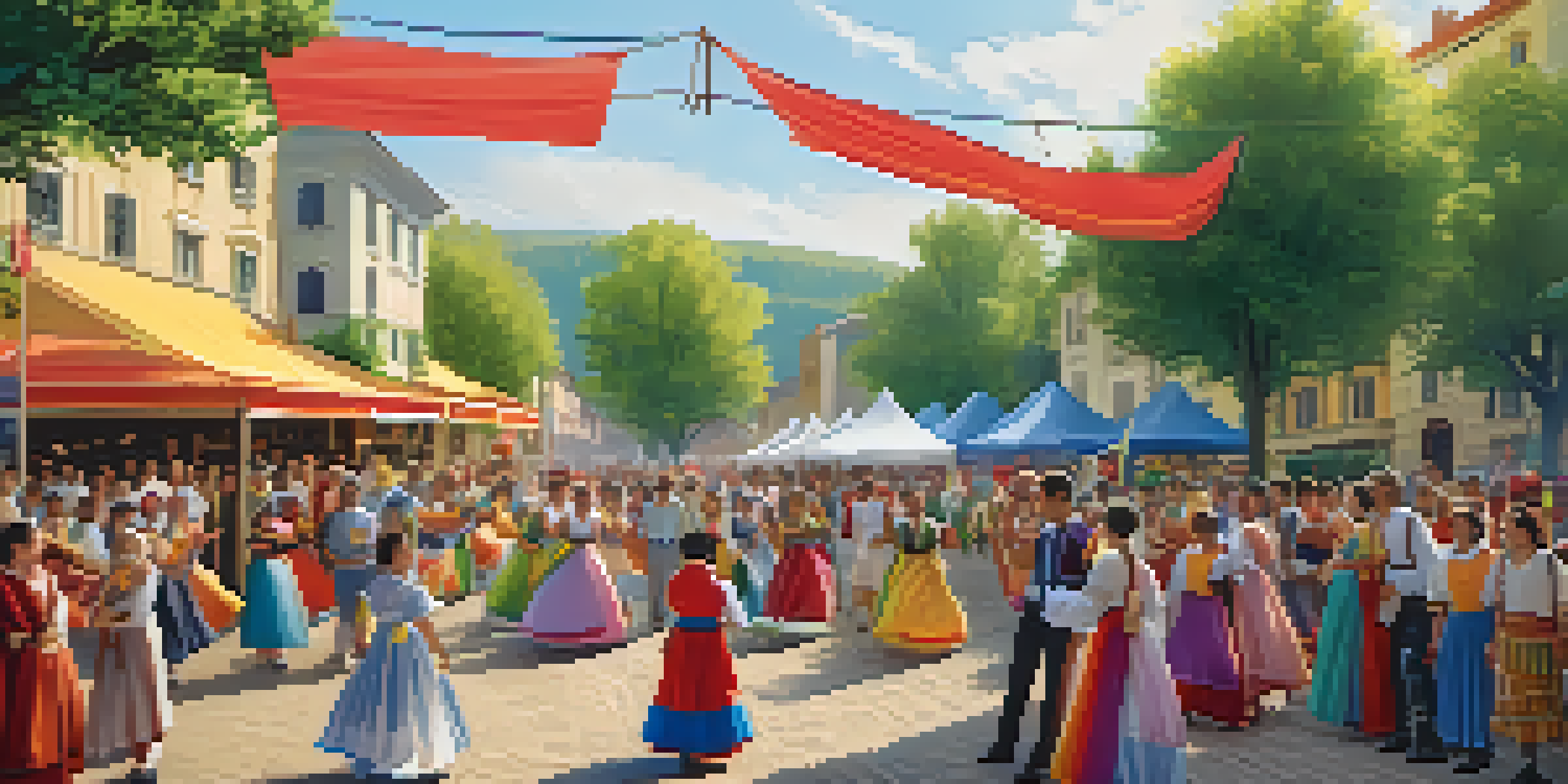 A lively community festival with people in traditional costumes dancing and celebrating in a sunny town square, surrounded by colorful decorations and trees.