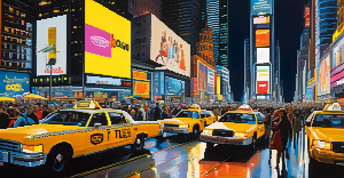 A busy Times Square at night with bright neon lights, people walking, and yellow taxis.