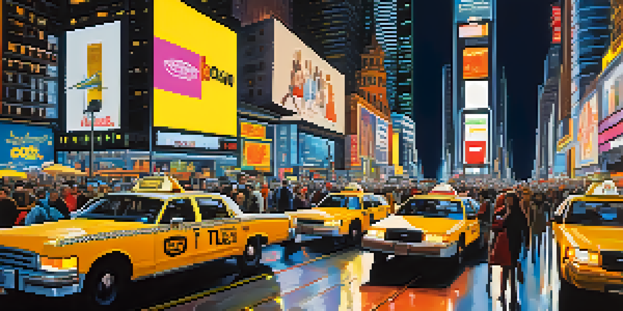 A busy Times Square at night with bright neon lights, people walking, and yellow taxis.