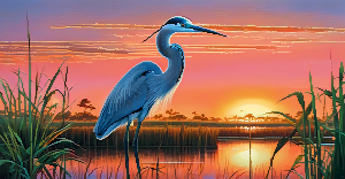 A tranquil Everglades landscape at sunrise with vibrant sky colors, lush wetlands, and a heron standing in the water.