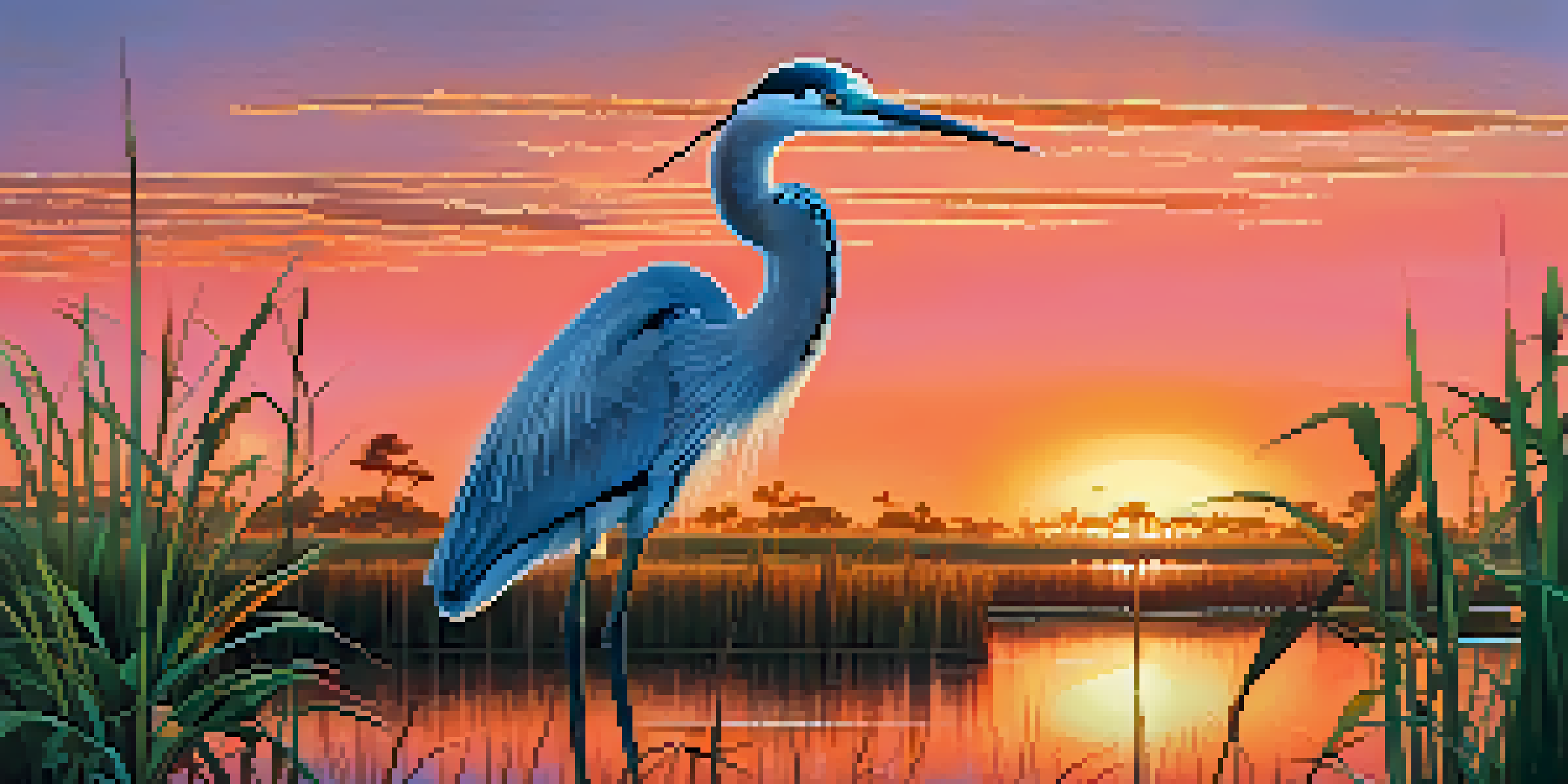 A tranquil Everglades landscape at sunrise with vibrant sky colors, lush wetlands, and a heron standing in the water.