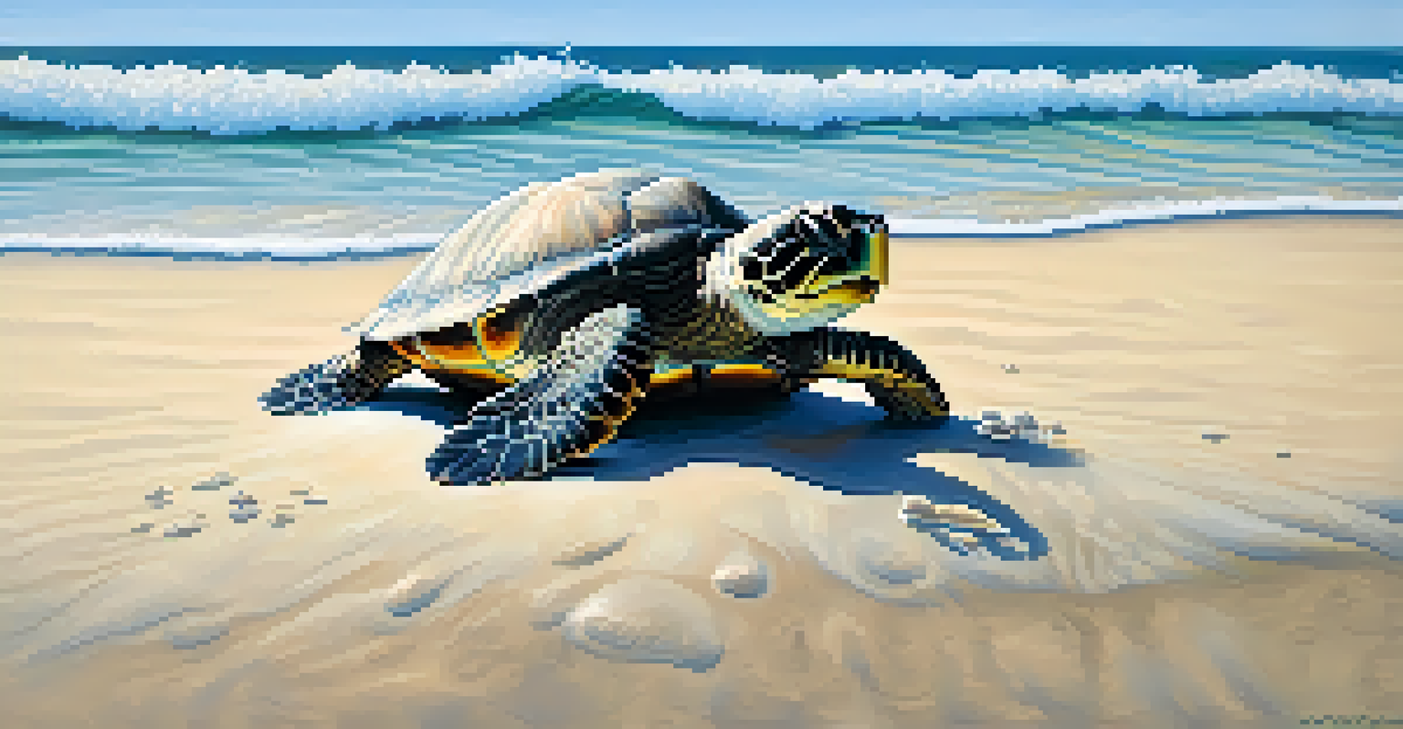 A volunteer watching a baby sea turtle on a sandy beach as it heads to the ocean.