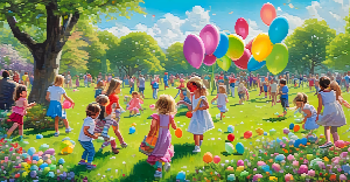 Children searching for colorful Easter eggs in a sunny park filled with flowers, with families enjoying the festive atmosphere.