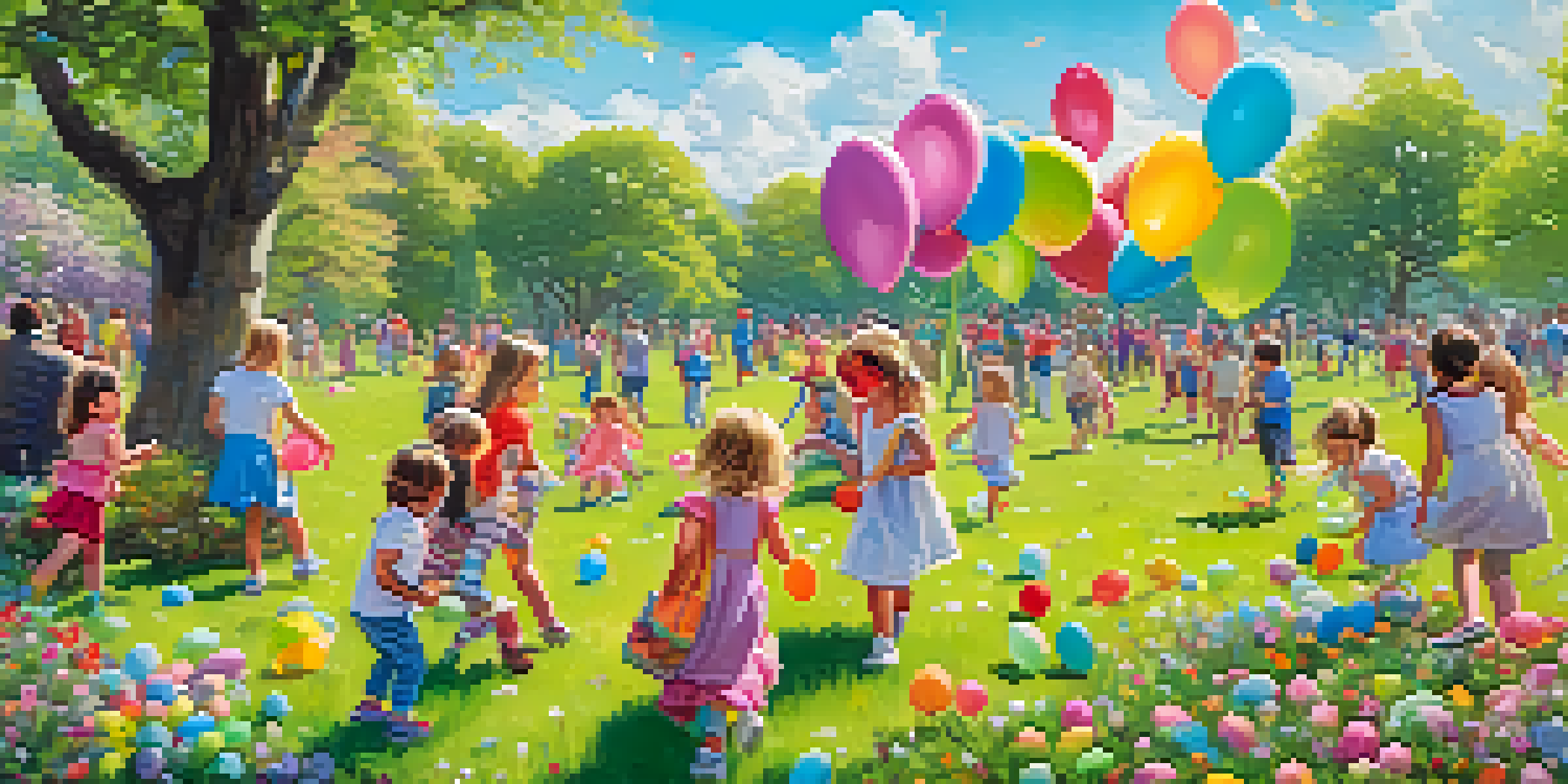 Children searching for colorful Easter eggs in a sunny park filled with flowers, with families enjoying the festive atmosphere.
