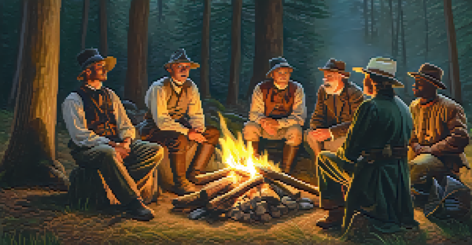A diverse group of historical reenactors around a campfire in a forest, sharing stories and dressed in period clothing.