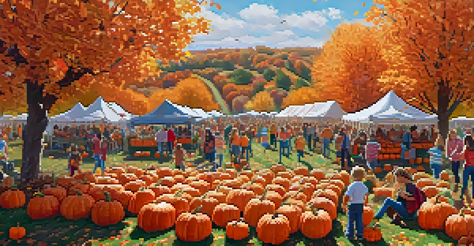 An overhead view of a pumpkin patch during a harvest festival with families picking pumpkins and enjoying various activities.