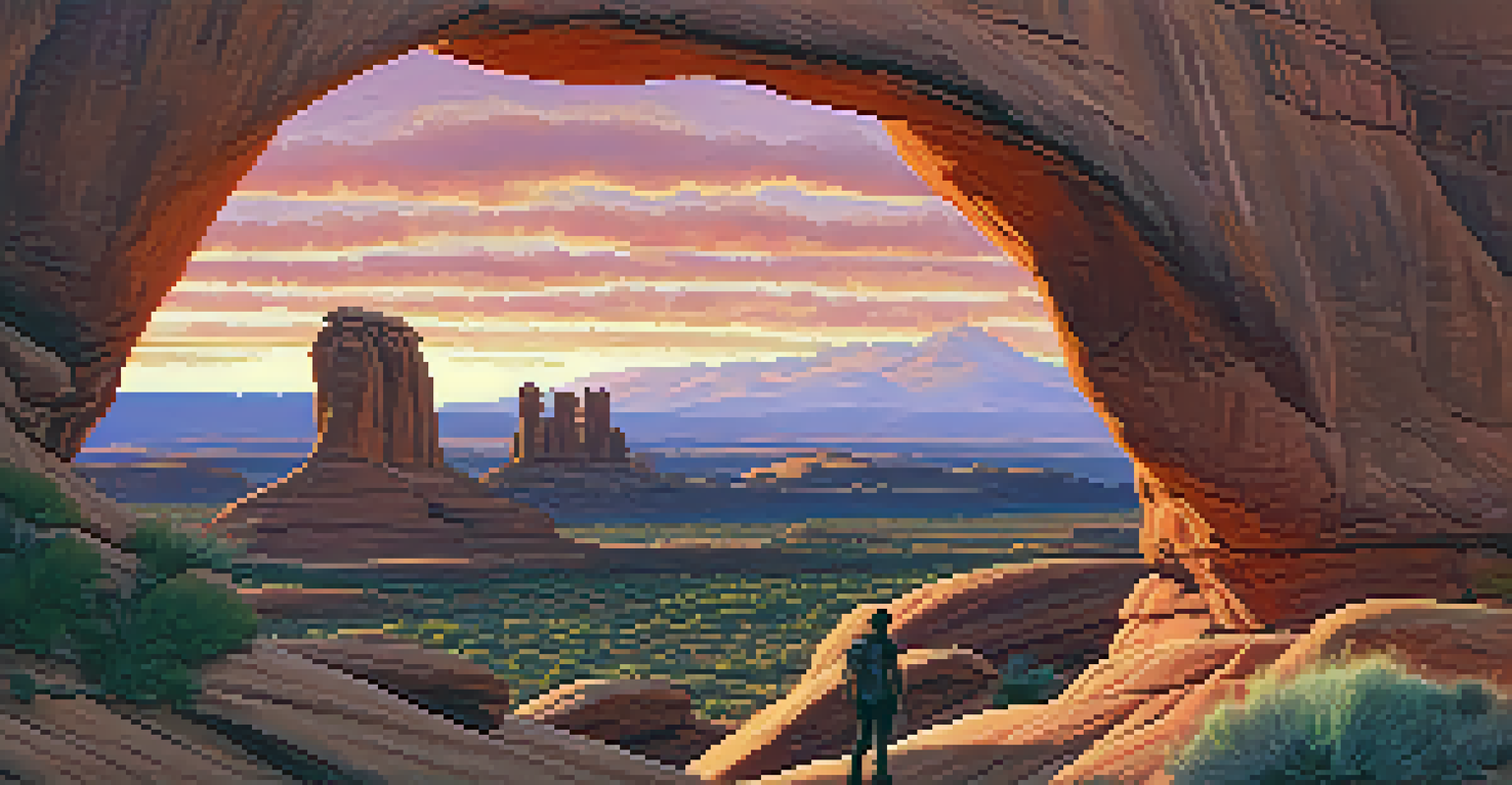 A colorful sunset over the unique rock formations in Arches National Park, with a hiker silhouetted in the foreground.