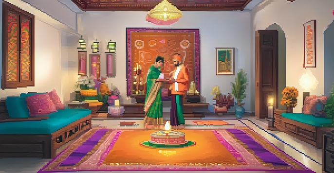 A family celebrating Diwali in a decorated living room with colorful rangoli, diyas, and traditional sweets.