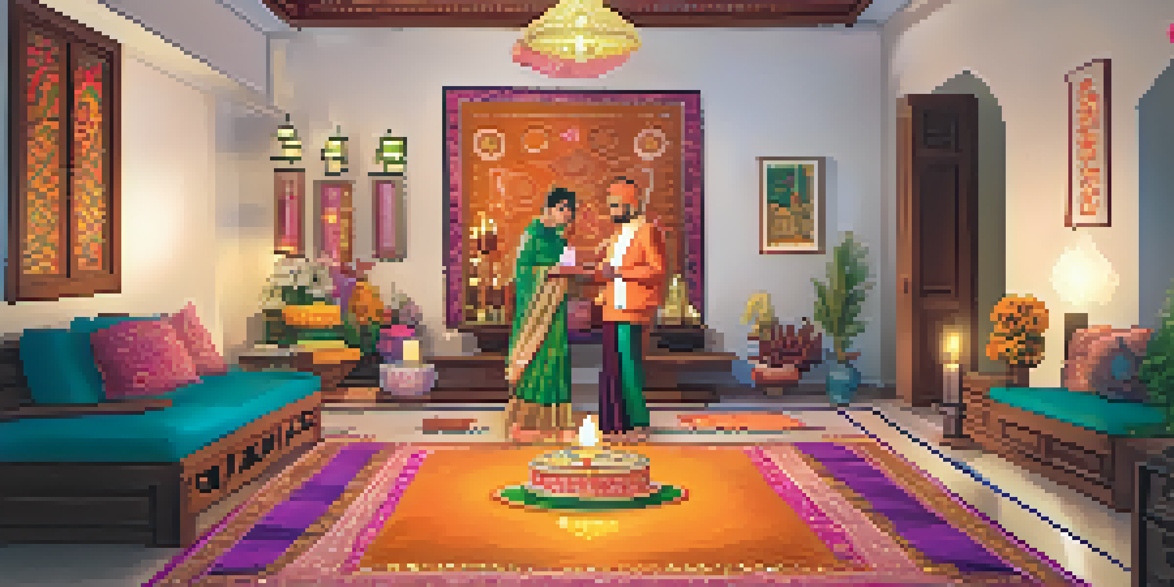 A family celebrating Diwali in a decorated living room with colorful rangoli, diyas, and traditional sweets.