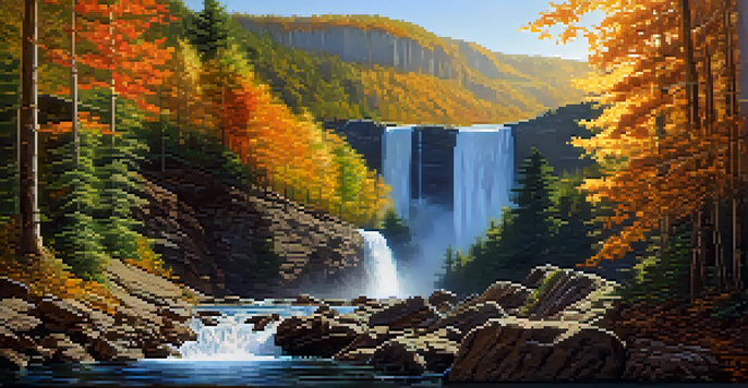A stunning waterfall surrounded by colorful autumn foliage and clear blue sky.