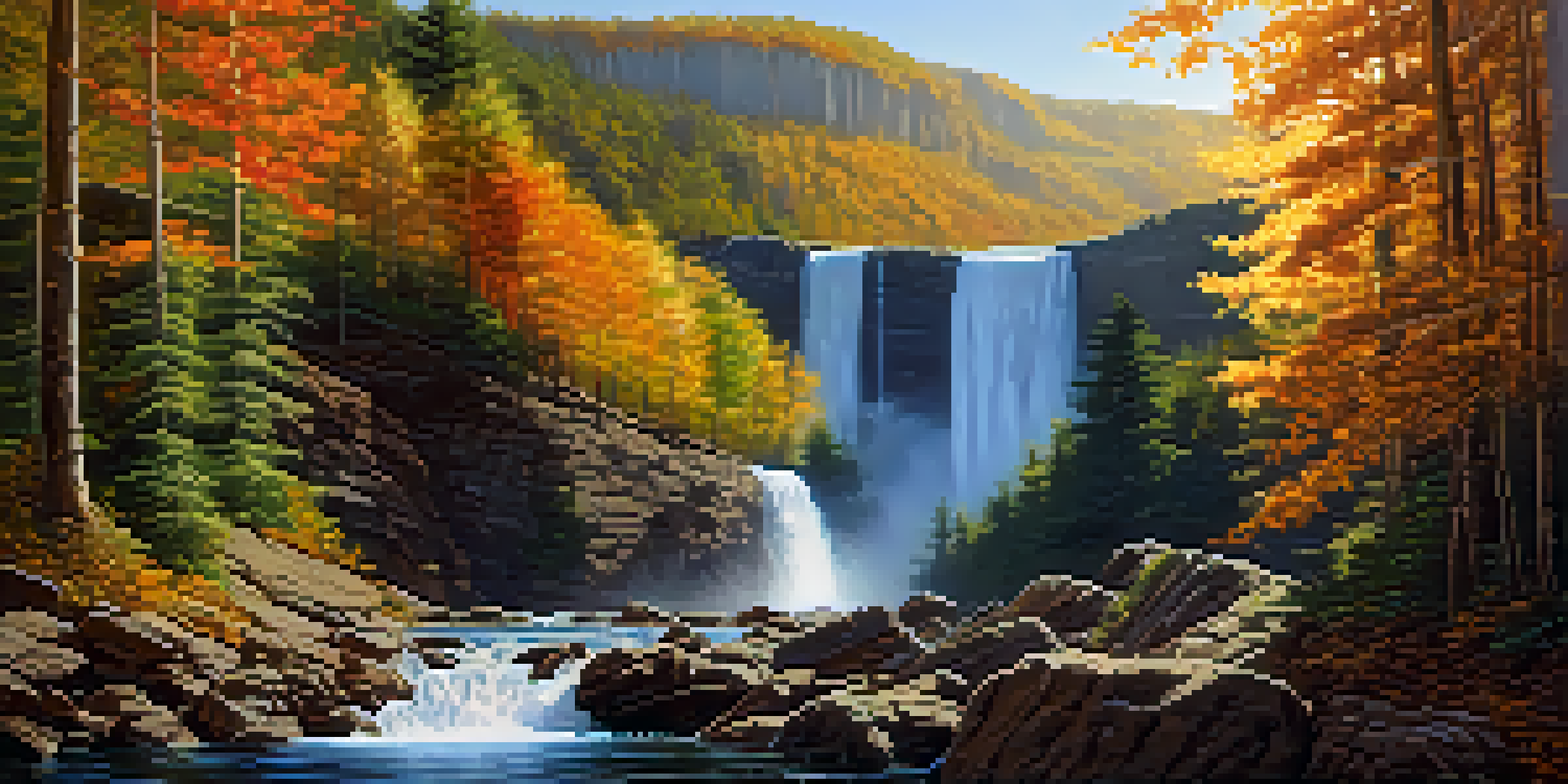 A stunning waterfall surrounded by colorful autumn foliage and clear blue sky.