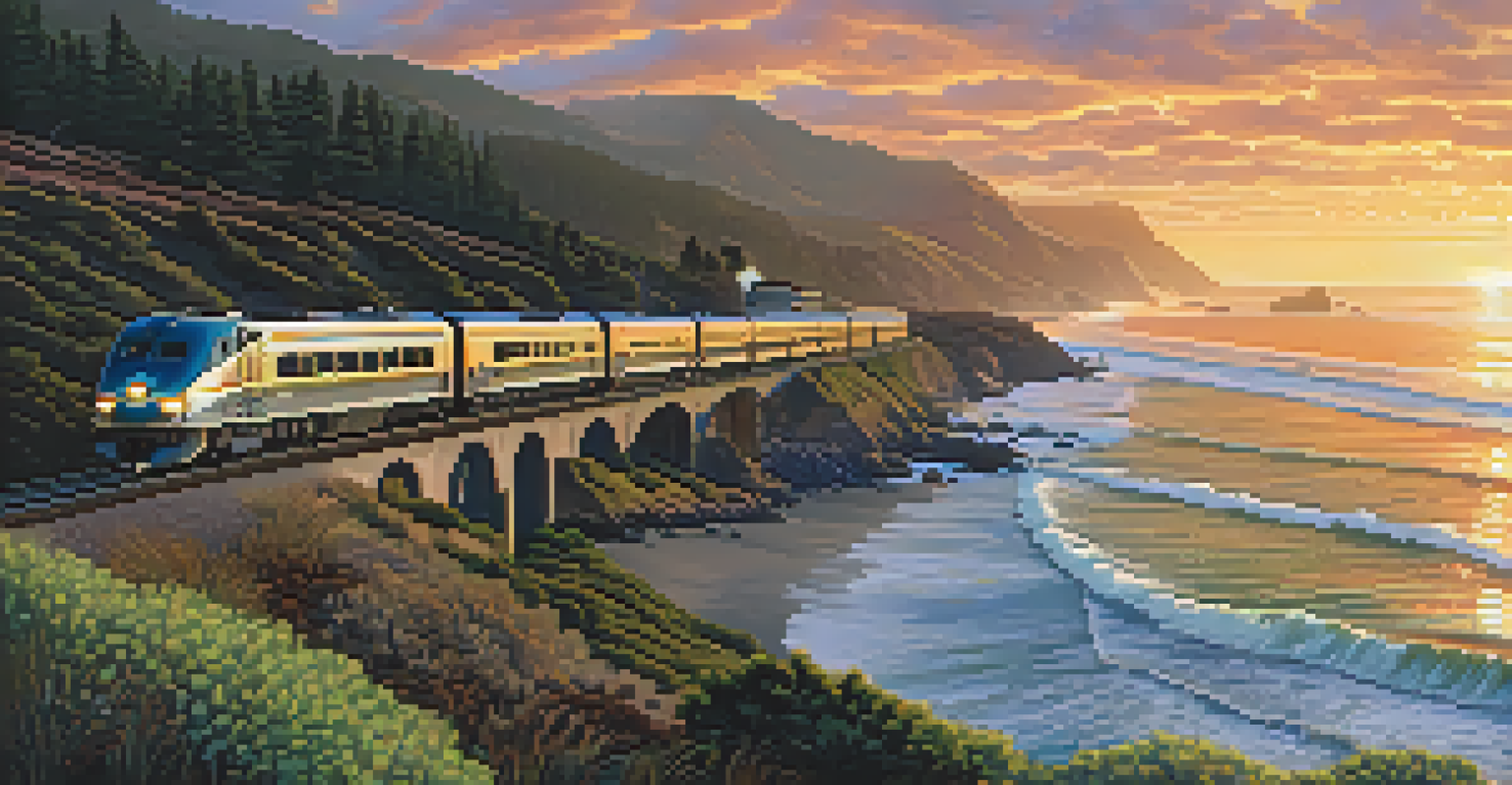 The Coast Starlight train along the Pacific Coast at sunset, with waves and forests in the background.