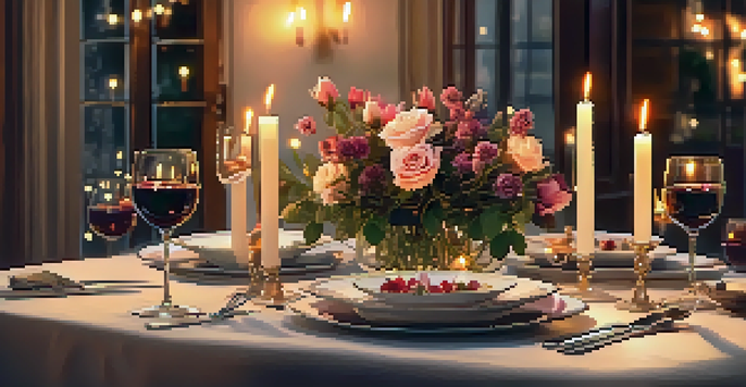 An intimate candlelit dinner for two, featuring elegant tableware and a gourmet meal, with soft fairy lights in the background.