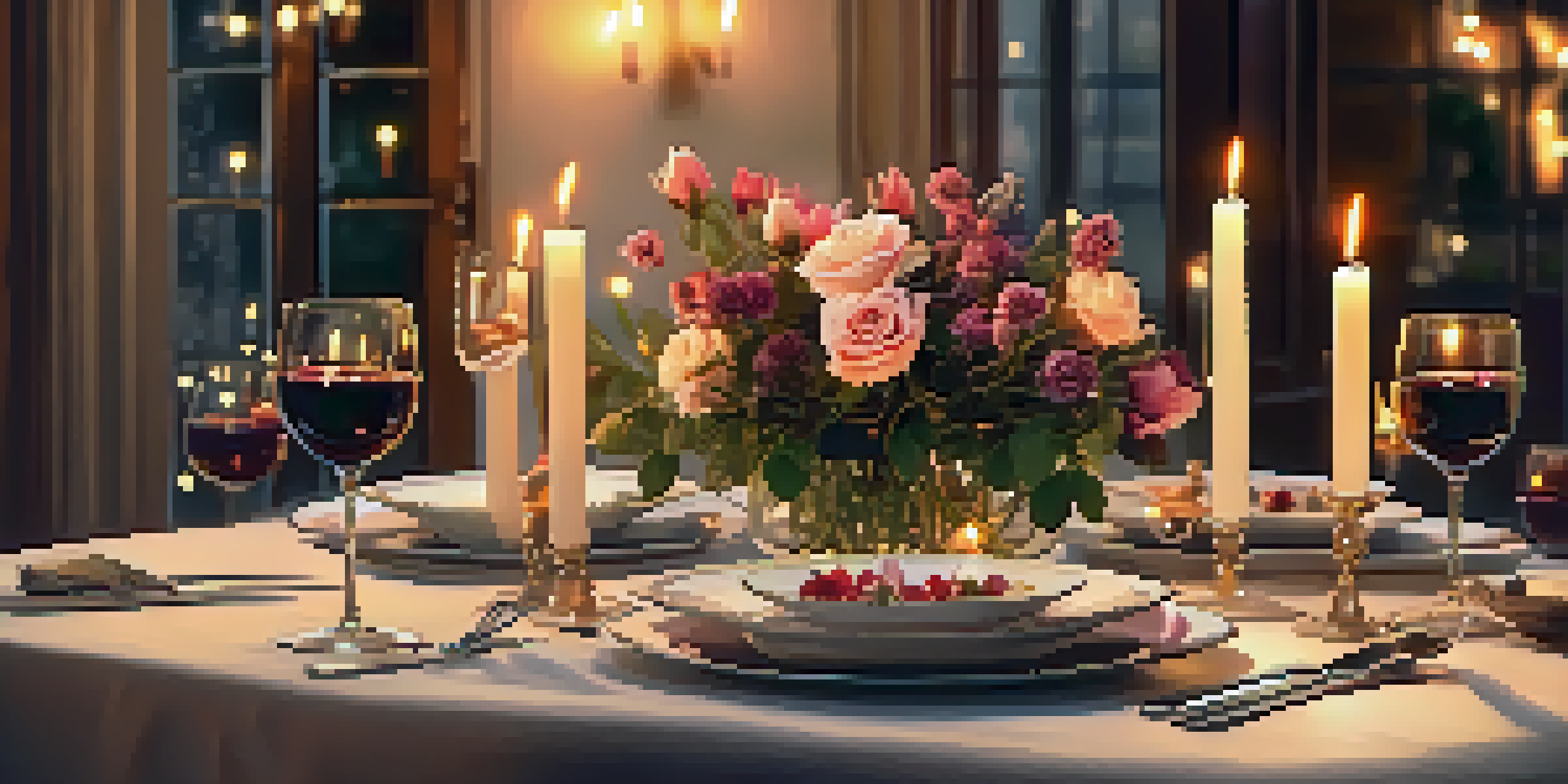 An intimate candlelit dinner for two, featuring elegant tableware and a gourmet meal, with soft fairy lights in the background.