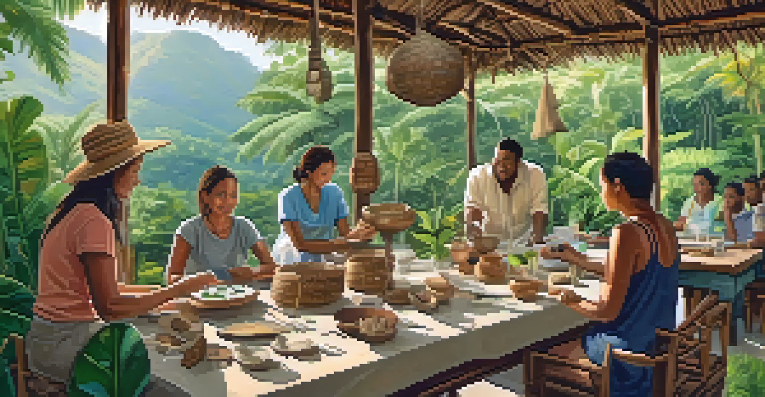 Travelers engaging in a workshop at an eco-lodge, surrounded by greenery and showcasing handcrafted items.