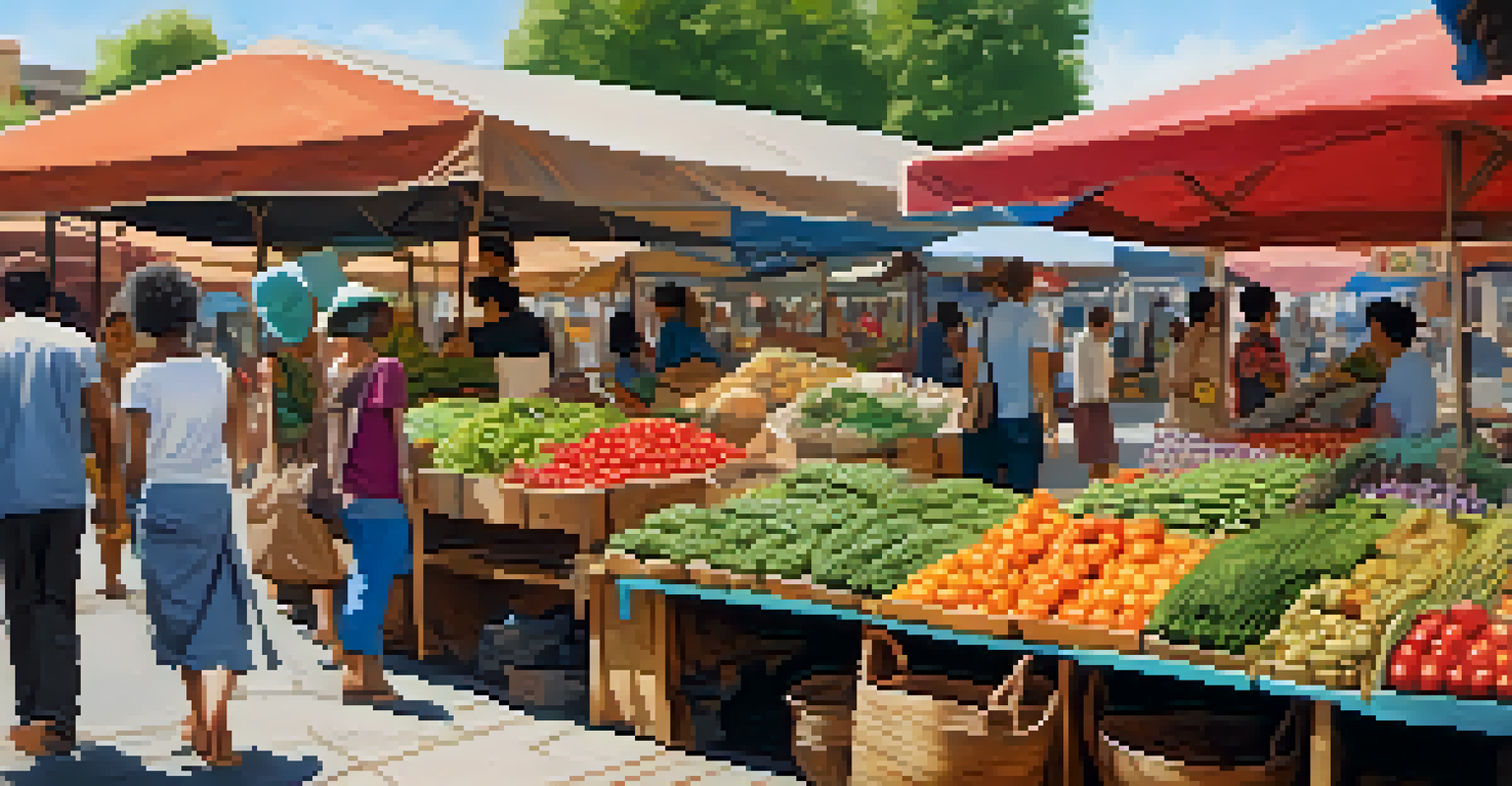 A traveler exploring a colorful local market filled with sustainable products and local vendors.