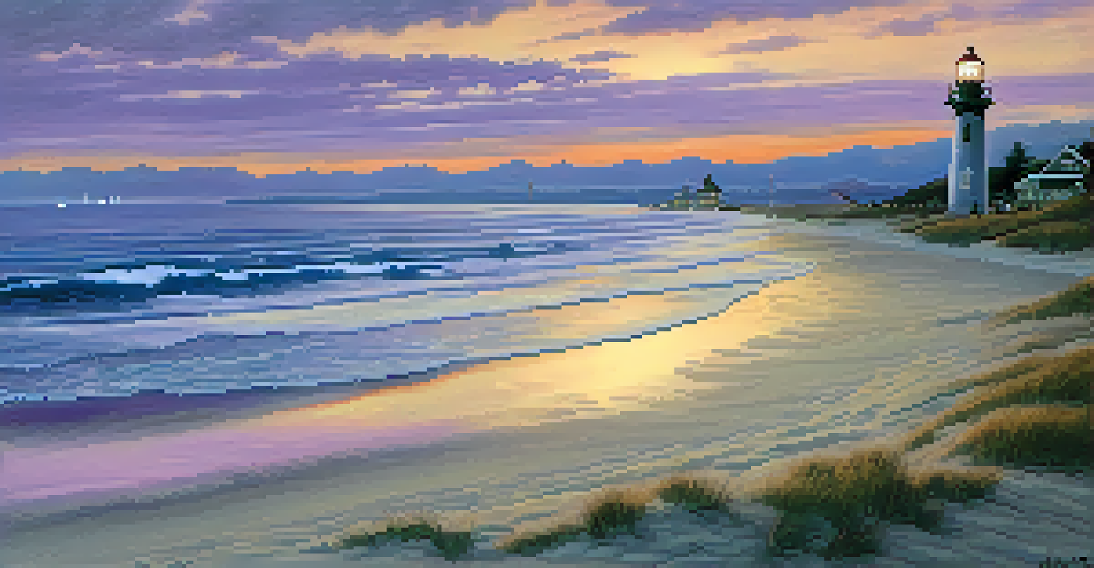 A beach at dusk with a lighthouse in the distance, featuring a bonfire and a colorful sunset sky.