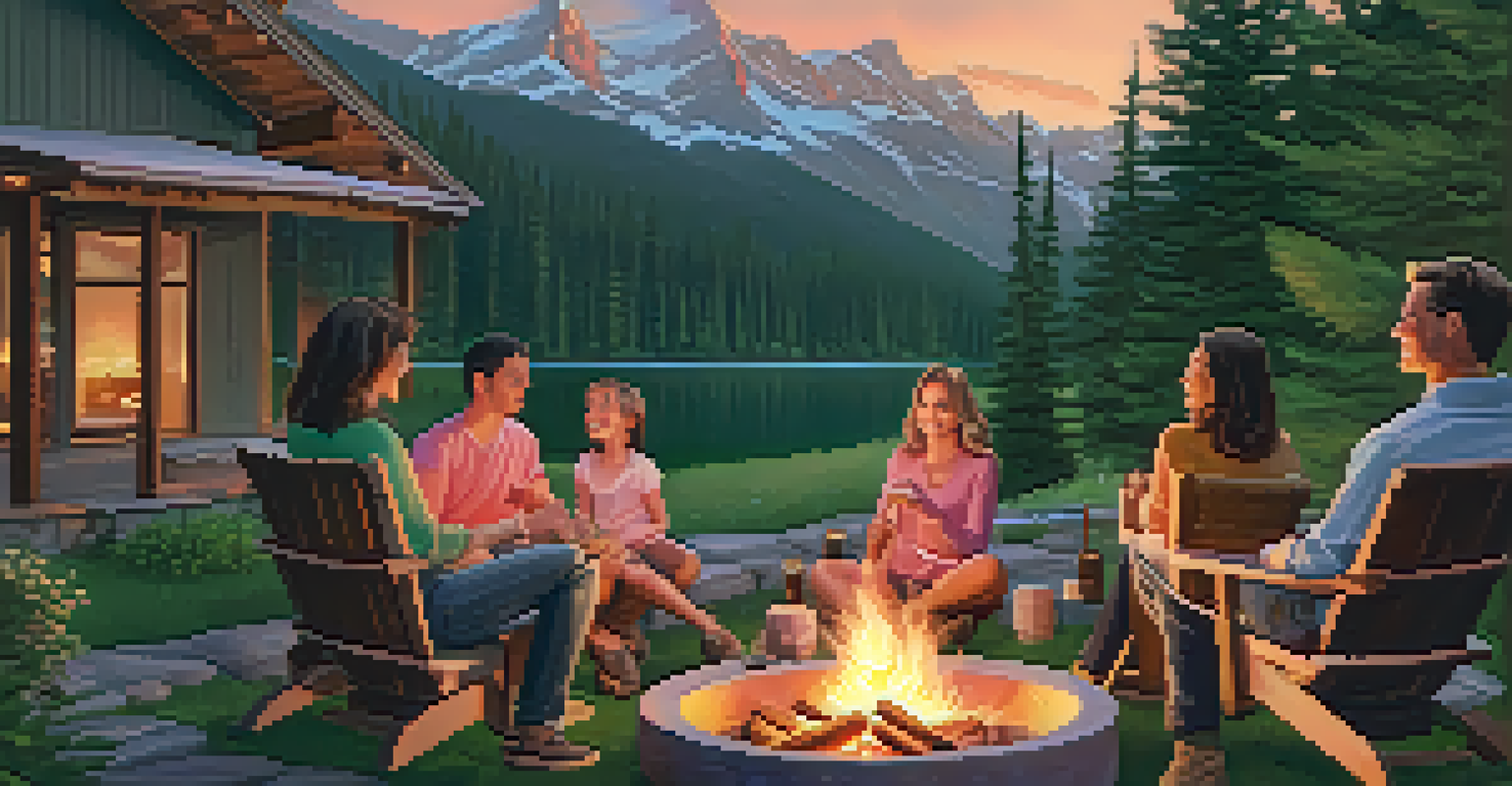 A family sitting around a fire pit at a mountain resort during sunset, surrounded by lush mountains and a colorful sky.