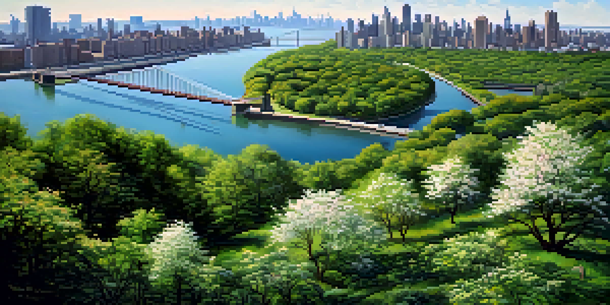 A peaceful scene of Roosevelt Island with green parks and the Manhattan skyline, featuring the aerial tramway above the East River.