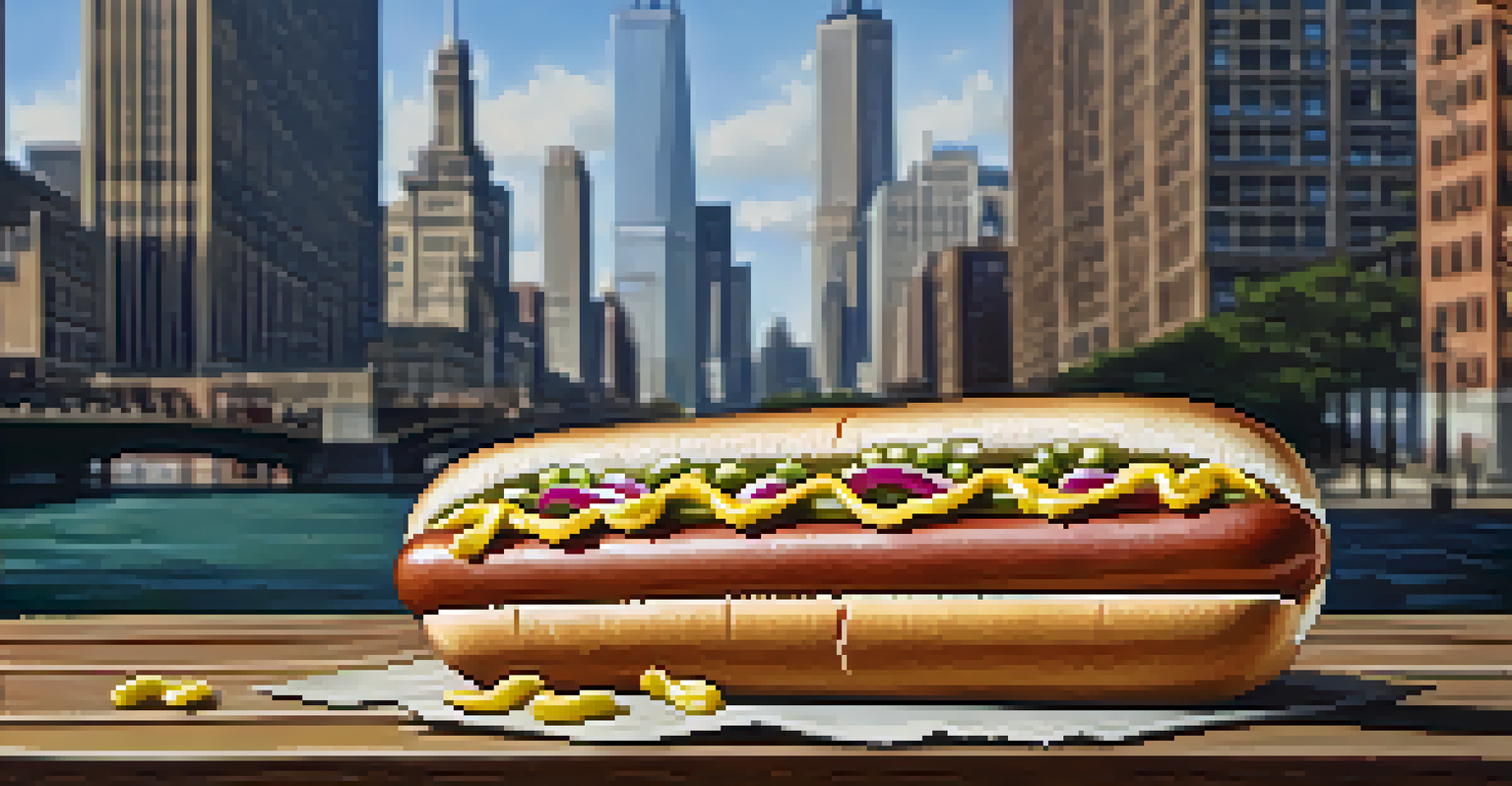 A close-up of a Chicago-style hot dog with toppings on a rustic table, with a blurred city skyline in the background.