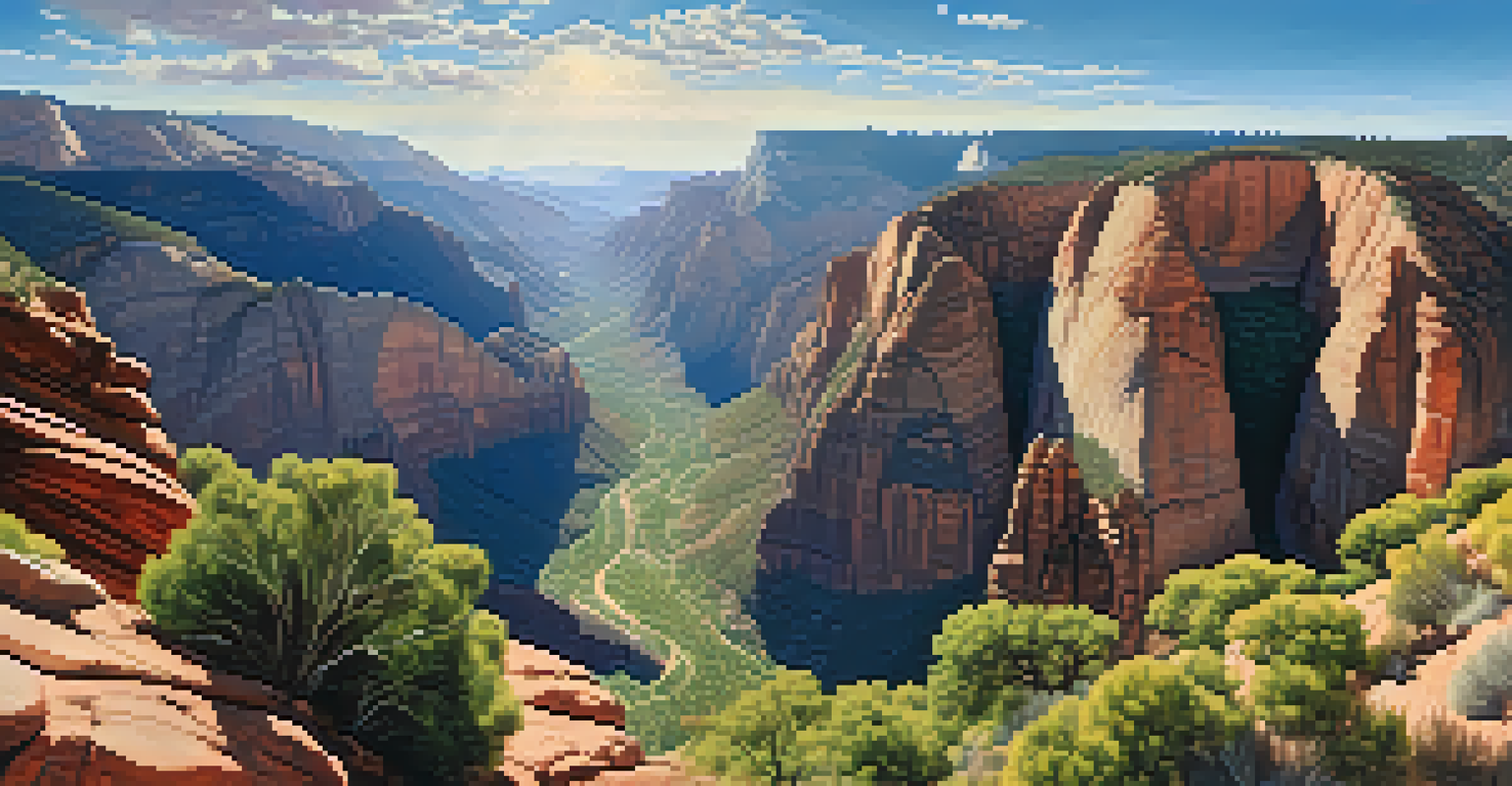 A stunning view from the summit of Angels Landing in Zion National Park, featuring dramatic rock formations and hikers on a narrow ridge.