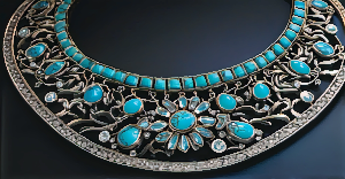 A close-up view of a silver necklace with floral designs and a turquoise gemstone on a dark surface, illuminated by warm light.
