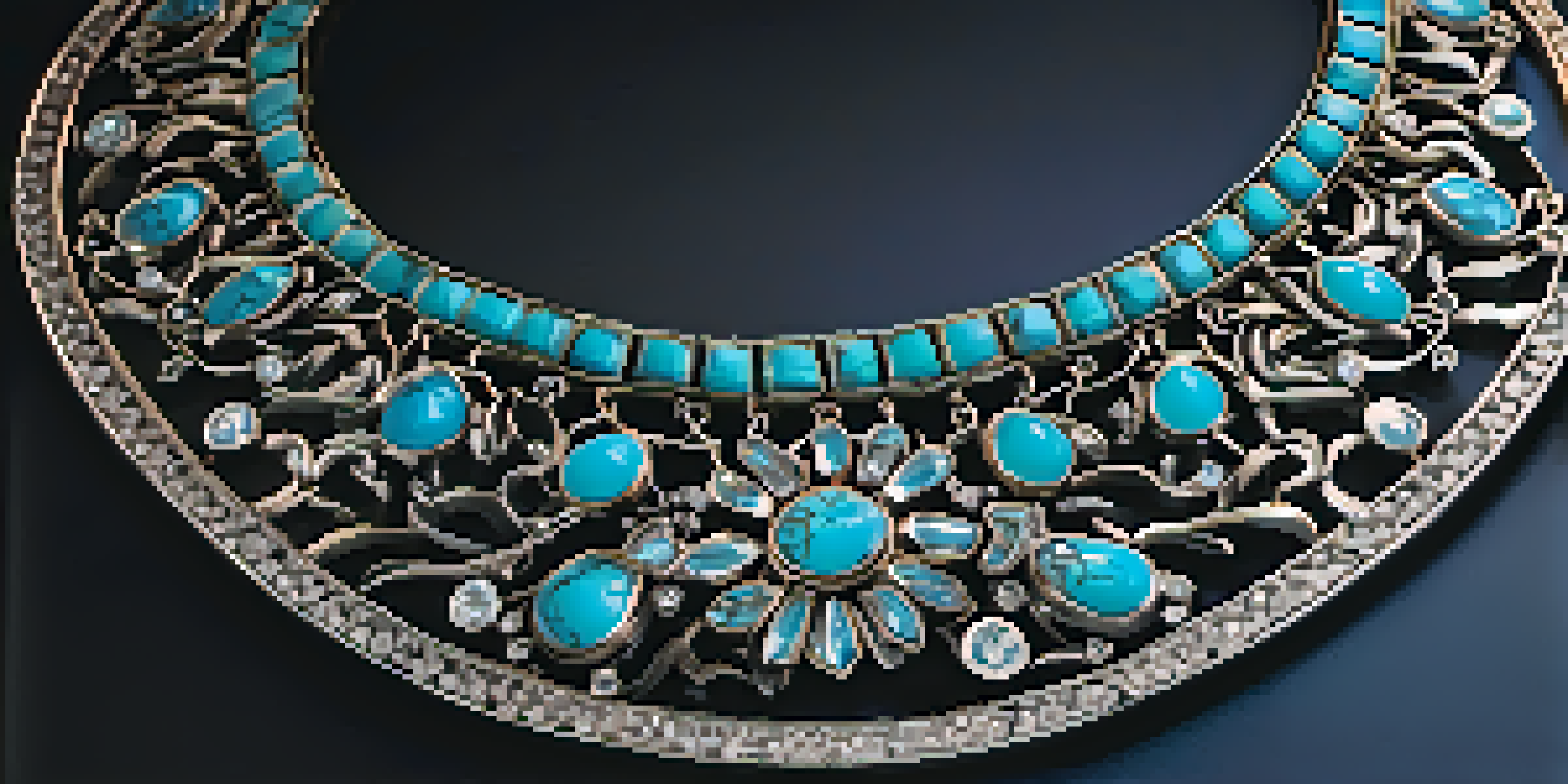 A close-up view of a silver necklace with floral designs and a turquoise gemstone on a dark surface, illuminated by warm light.