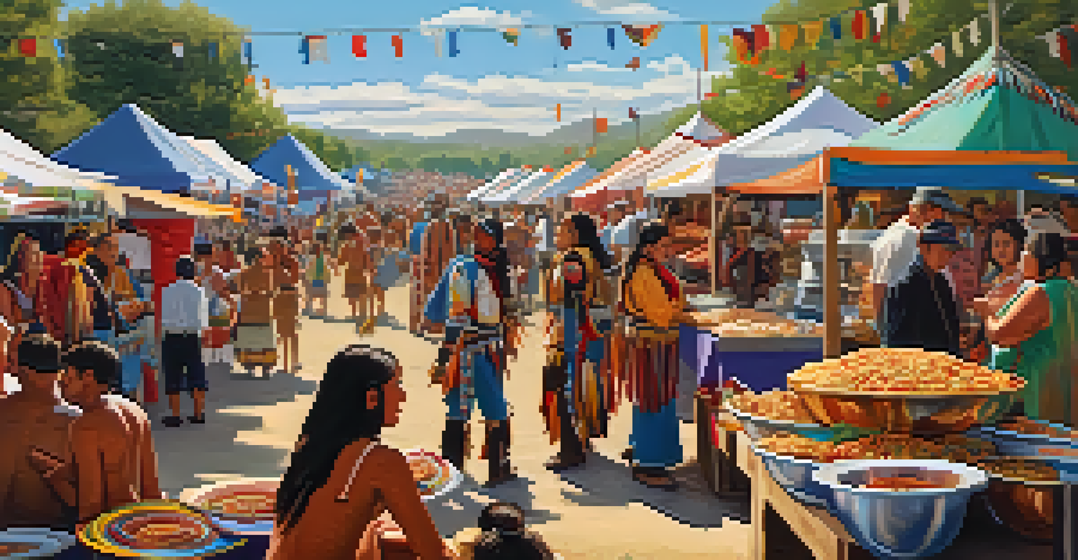 A lively Native American festival with families around food stalls offering traditional dishes, colorful decorations, and participants in traditional attire.