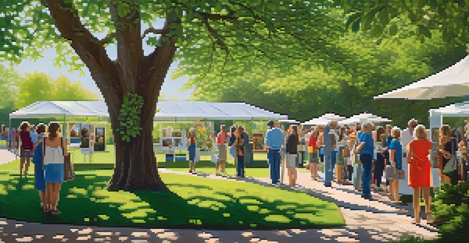 An outdoor photography gallery event with large nature prints in a garden setting, surrounded by blooming flowers and greenery under a bright blue sky.