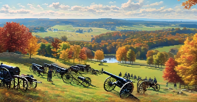 A wide view of Antietam Battlefield featuring autumn colors, historic cannons, and visitors in historical clothing.