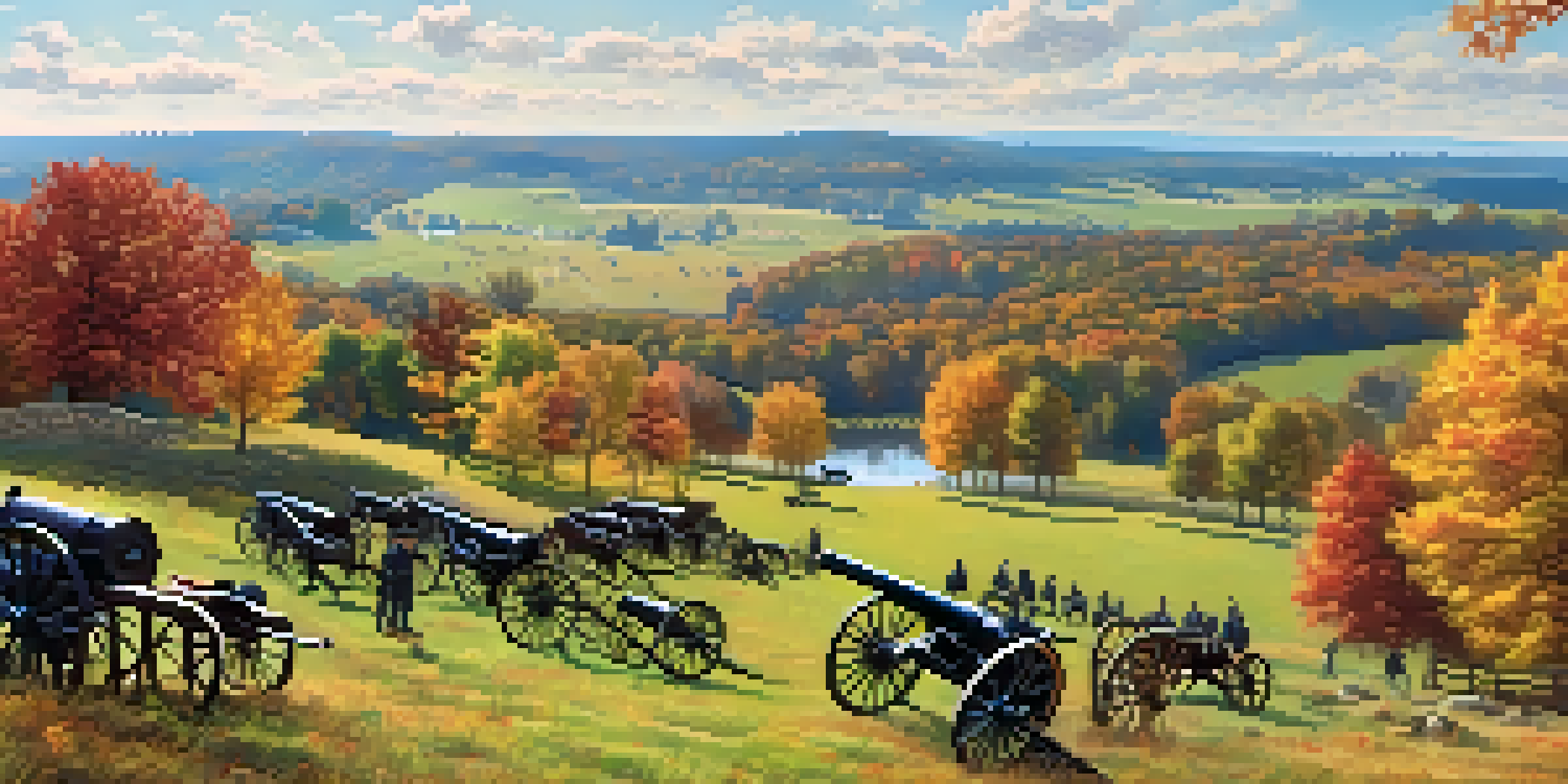 A wide view of Antietam Battlefield featuring autumn colors, historic cannons, and visitors in historical clothing.