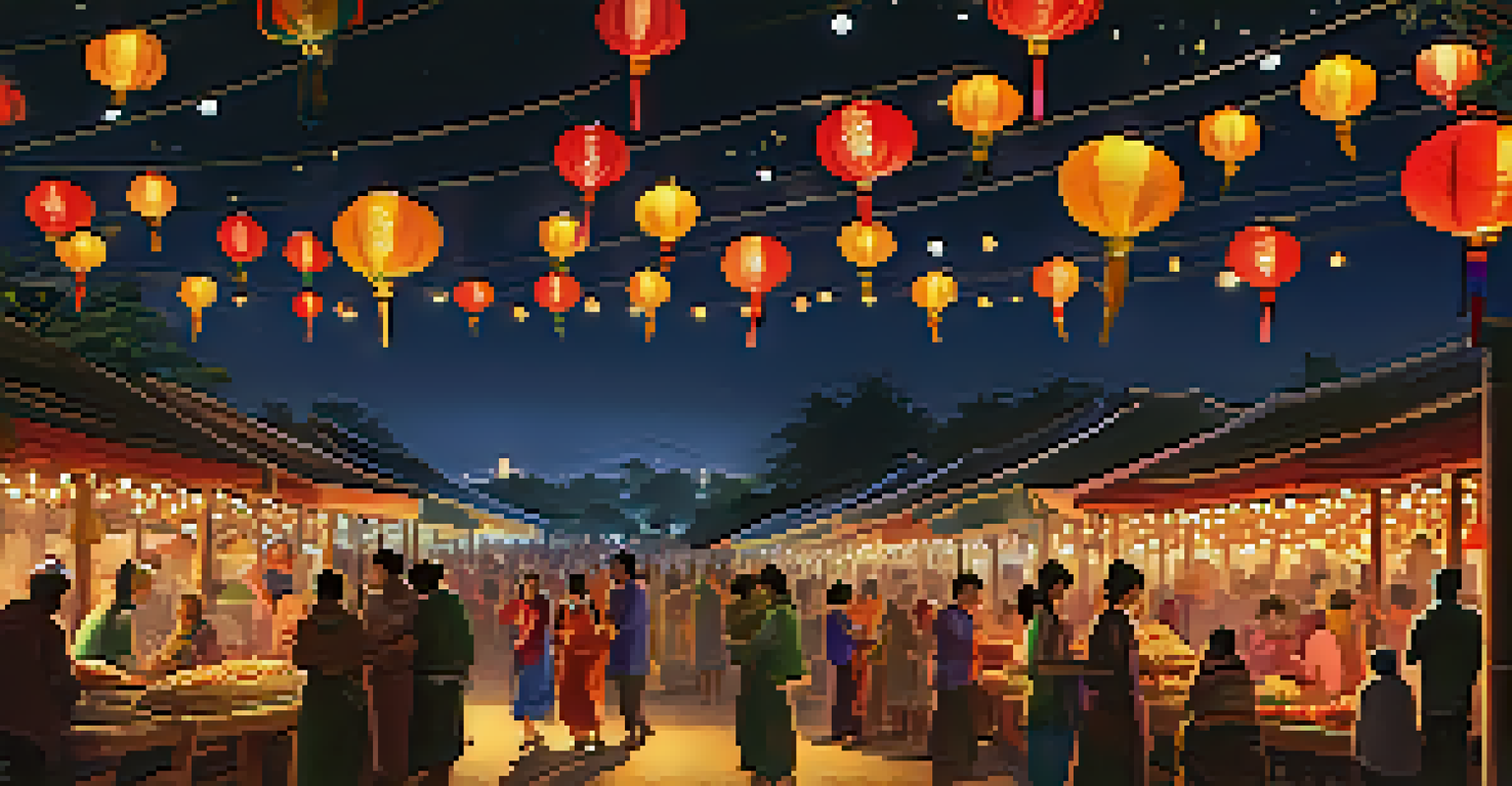 A nighttime cultural festival with colorful lanterns and lights, people enjoying food and watching a performance under a starlit sky.
