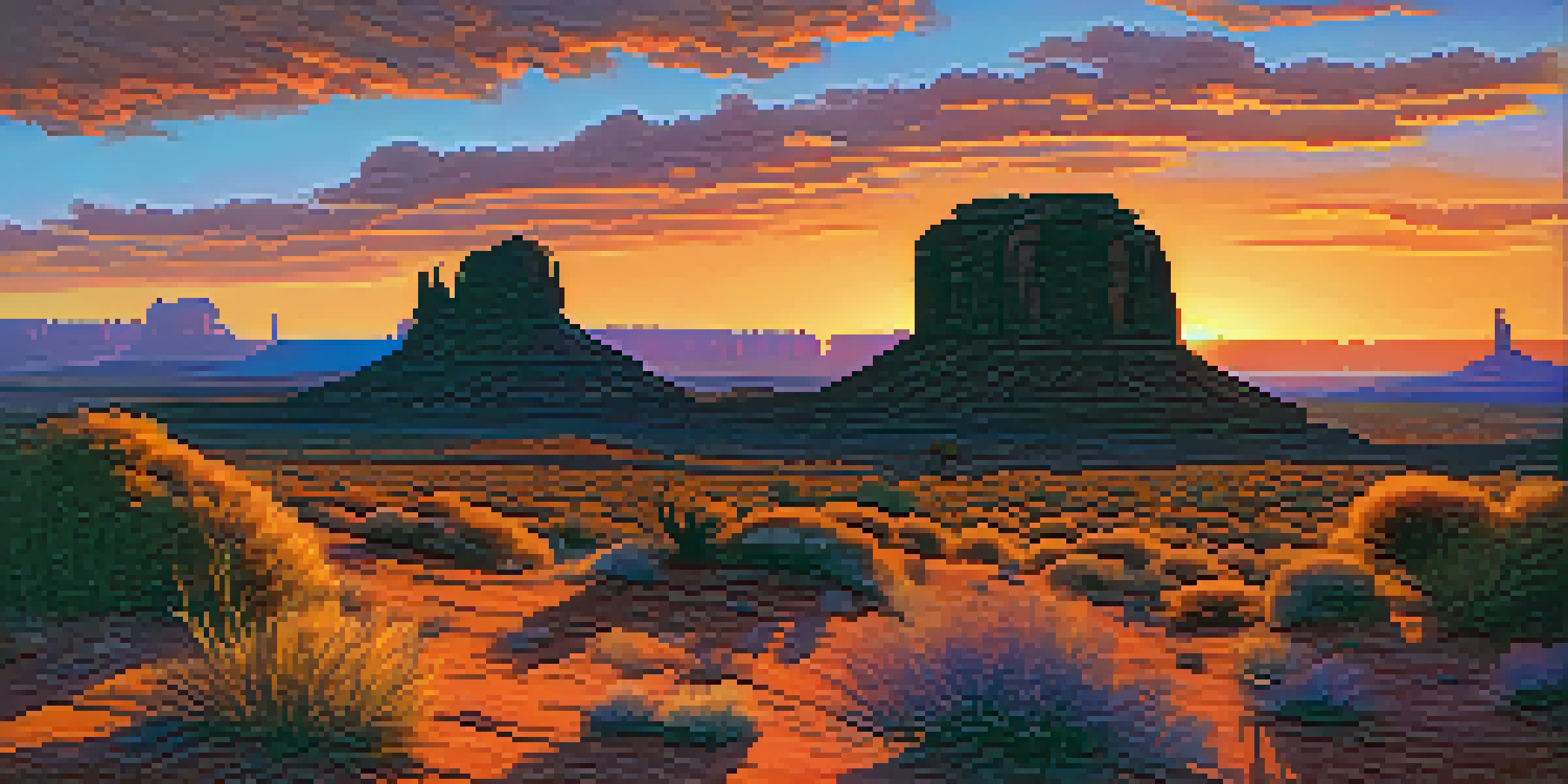 A sunset view of Monument Valley with red rock formations and a colorful sky.